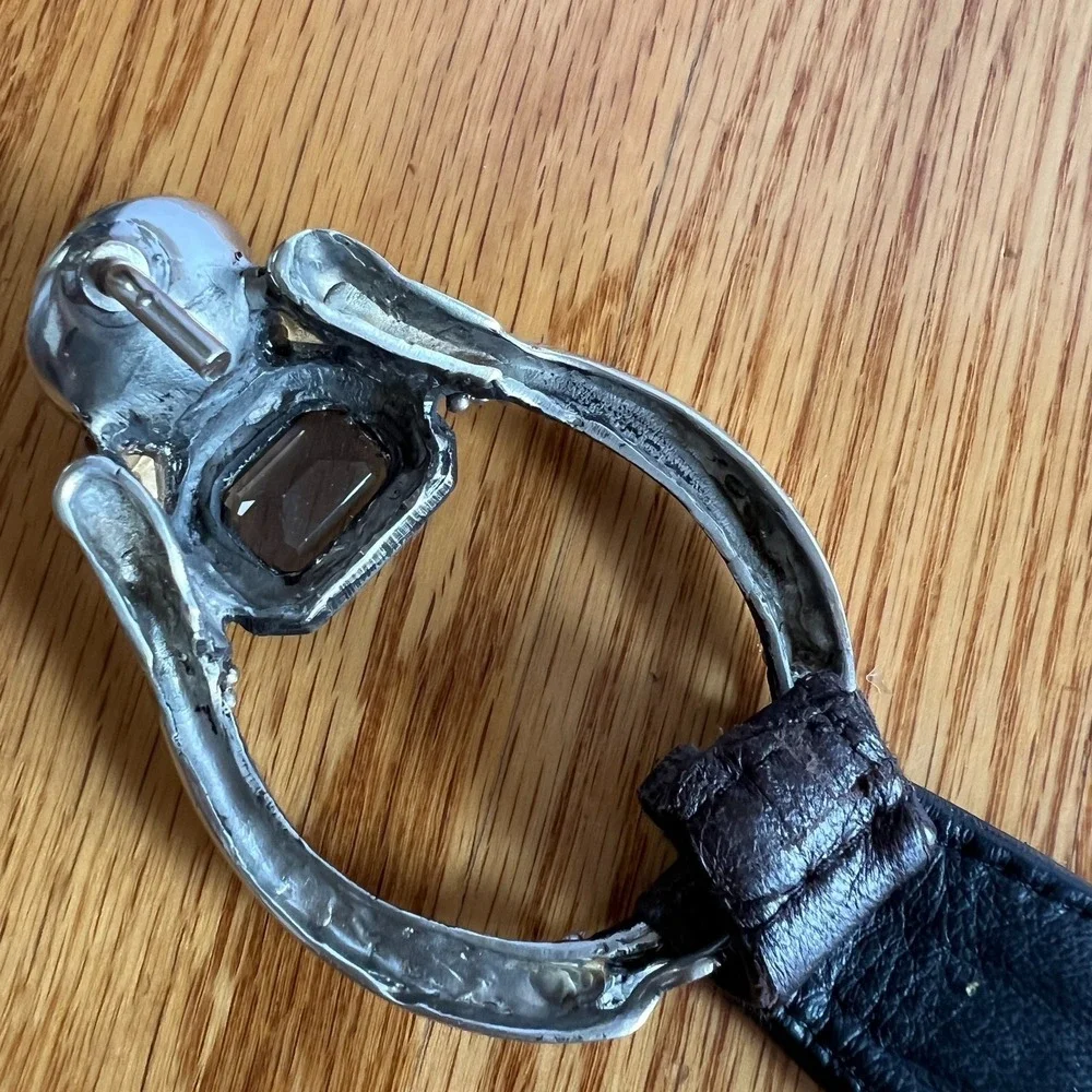 Y2K Wide Brown Leather Belt Silver Gem‎ Buckle Western Glam Statement M/L 39
